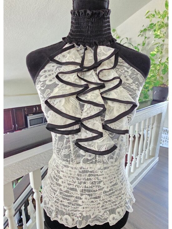 TRAC Tops - TRAC White Lace Halter High Neck Blouse Black Ruffle Accent S/Chico